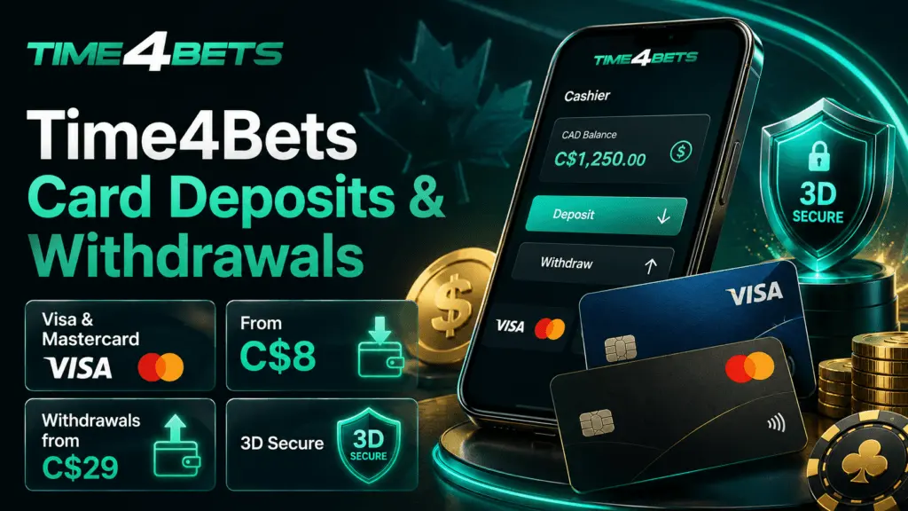 Credit cards and gold coins illustrating Time4Bets card deposits and withdrawals